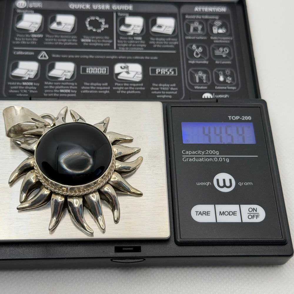 Vintage MWS Mexico Silver Black Onyx Sun Pendant